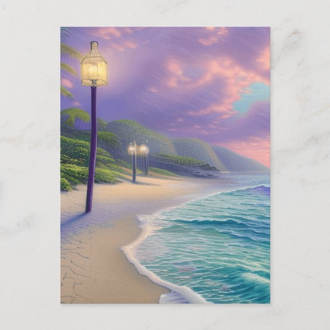 Carte Postale Belle Plage Océan Vagues Nuages de nuit (Devant)