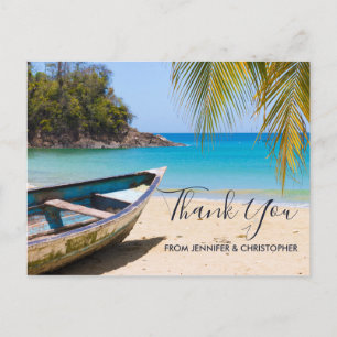 Carte Postale Belle plage tropicale avec un Merci en bateau à mo