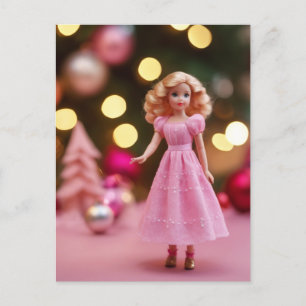 Carte Postale Belle poupée de Noël Rose Bleu