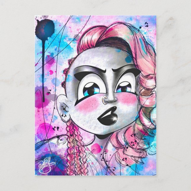 Carte Postale Belle Punk Girl avec anneau de nez Aquarelle (Devant)
