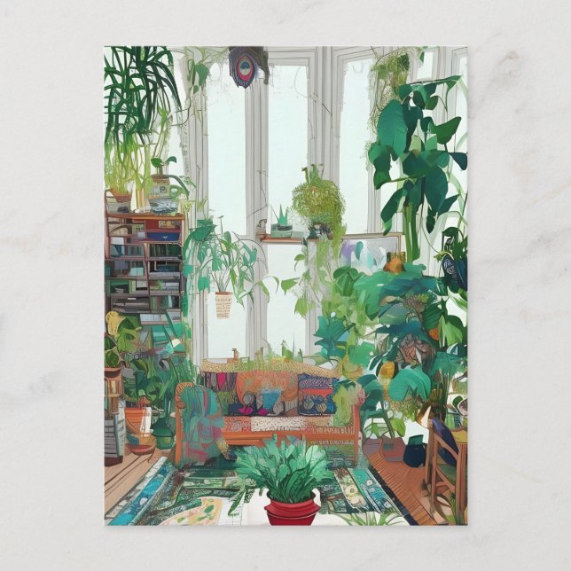 Carte Postale Belle salle de séjour remplie de Plantes tropicaux (Devant)