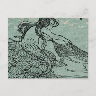 Carte Postale Belle Sirène Dessinée Sur Bleu Bord De Mer