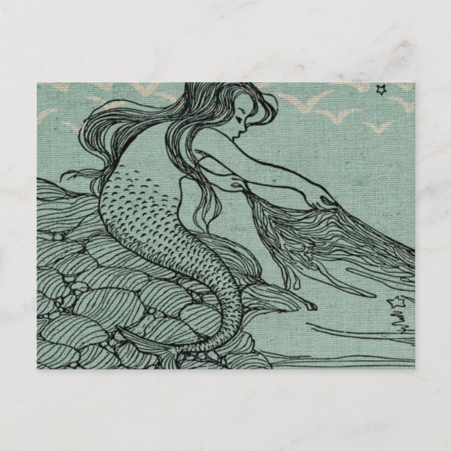 Carte Postale Belle Sirène Dessinée Sur Bleu Bord De Mer (Devant)