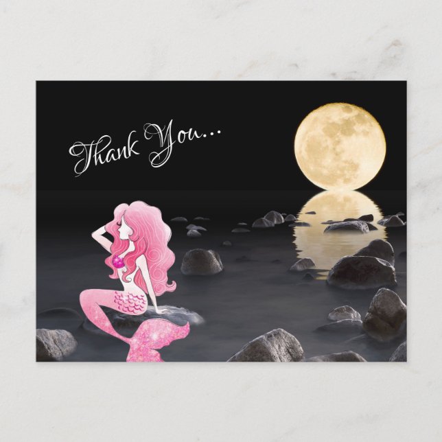 Carte Postale Belle sirène en rose avec Merci de Pleine lune (Devant)