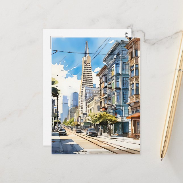 Carte Postale Belle stylo et croquis d'encre de San Francisco (Devant/Arrière en situation)