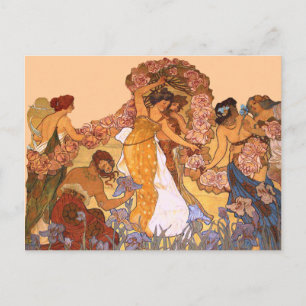 Carte Postale Belles femmes Art Nouveau avec Irises et Rose