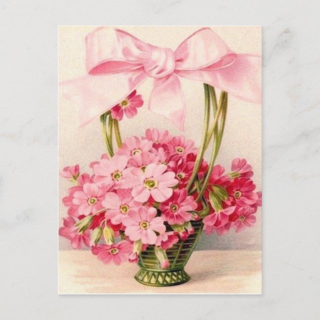 Carte Postale Belles fleurs roses vintage dans un panier vert (Devant)