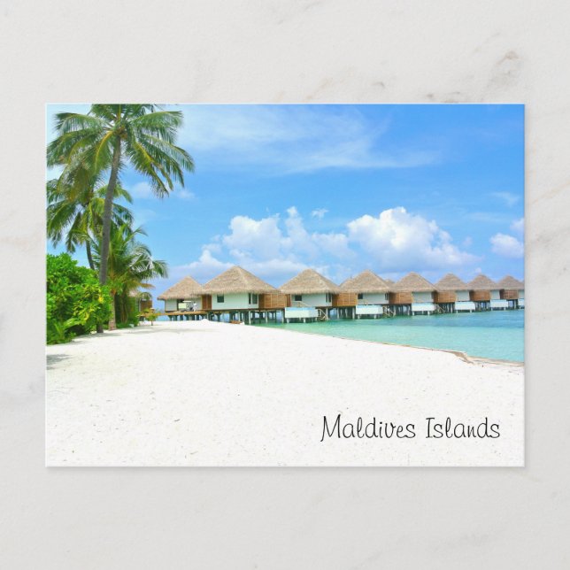 Carte Postale Belles îles Maldives, bungalows, océan, palmiers (Devant)