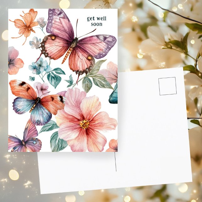 Carte Postale Belles papillons et fleurs se portent bien bientôt (Beautiful Butterflies and Flowers GET WELL SOON Postcard
)