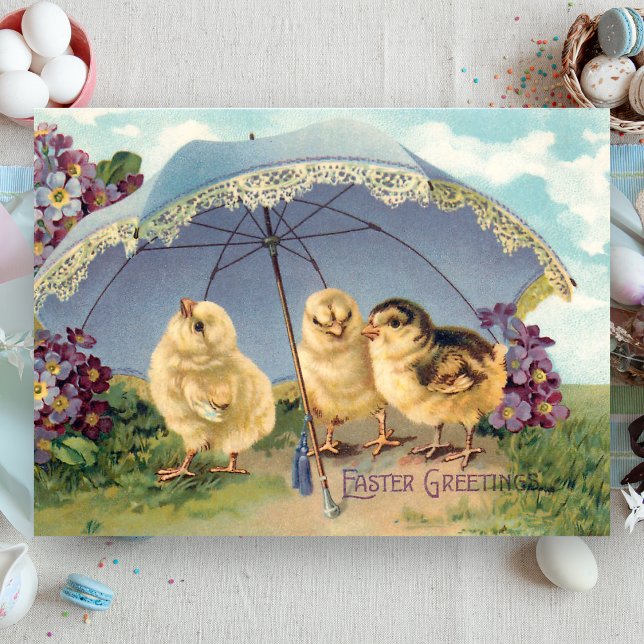 Carte Postale Belles poussins de Pâques Vintages et parasol (Créateur téléchargé)