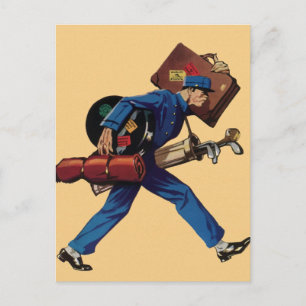 Carte Postale Bellhop vintage en Uniform, Suitcase et Golf Club
