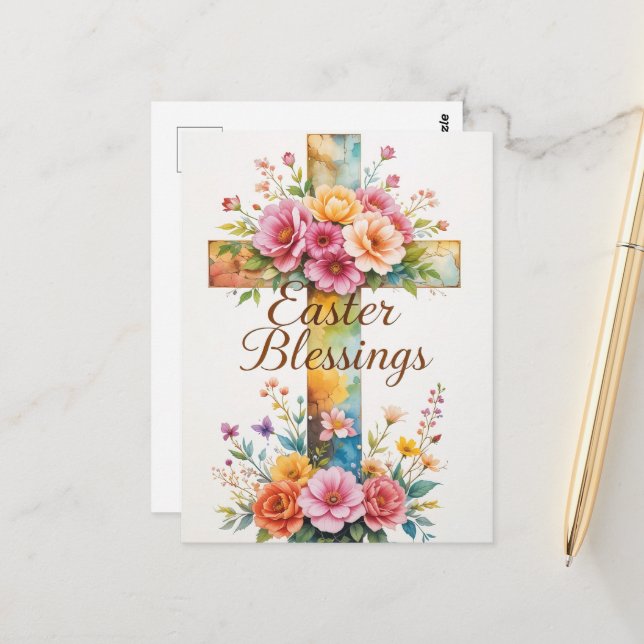 Carte Postale Bénédiction de Pâques de croix et de fleurs (Devant/Arrière en situation)