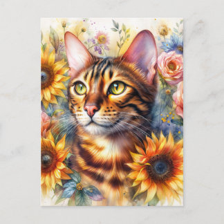 Carte Postale Bengal Cat Floral Portrait Art