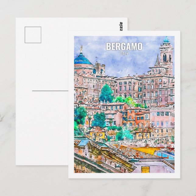Carte Postale Bergamo Italie Travel Place Aquarelle (Devant / Derrière)