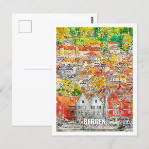 Carte Postale Bergen Hordaland Norvège Lieu de voyage Aquarelle