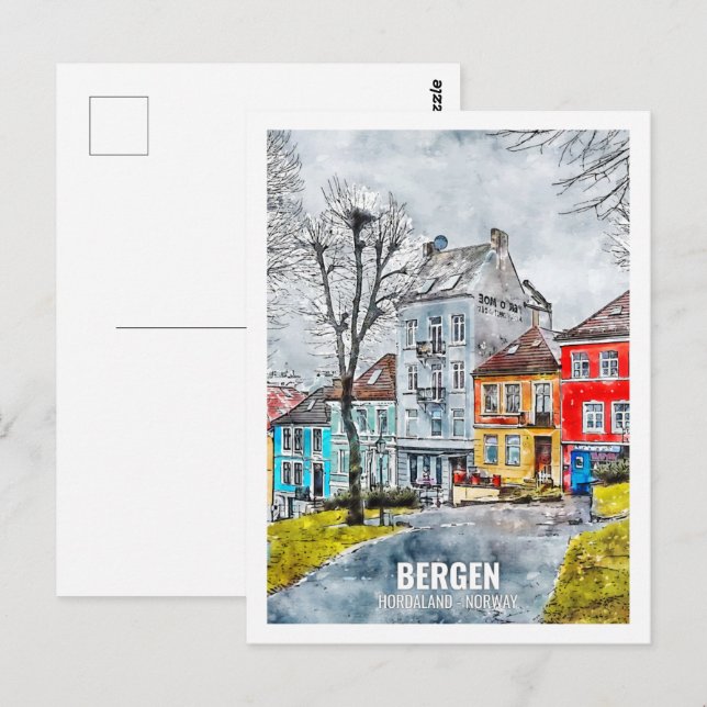 Carte Postale Bergen Hordaland Norvège Voyage Lieu Aquarelle (Devant / Derrière)