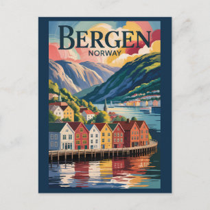 Carte Postale Bergen Norvège Illustration Art de Voyage Vintage