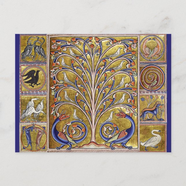 CARTE POSTALE BESTIAIRE MÉDIÉVAL,OISEAUX SUR L'ARBRE DE VIE,DRAG (Devant)