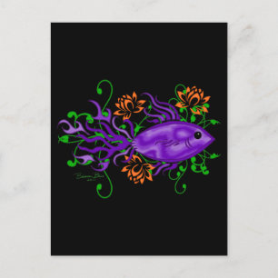 Carte Postale Betta violette Poisson Lotus Fleurs Art Aquatique