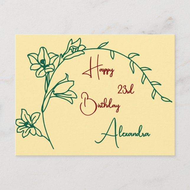 Carte Postale Beurre floral simple Jaune Nommé & Anniversaire Vi (Devant)