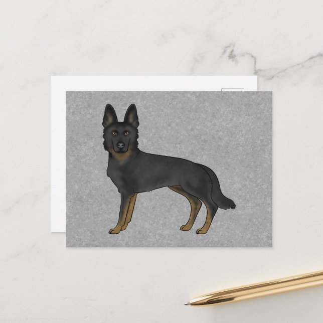 Carte Postale Bi-noir berger allemand mignon dessin animé GSD ch (Devant/Arrière en situation)