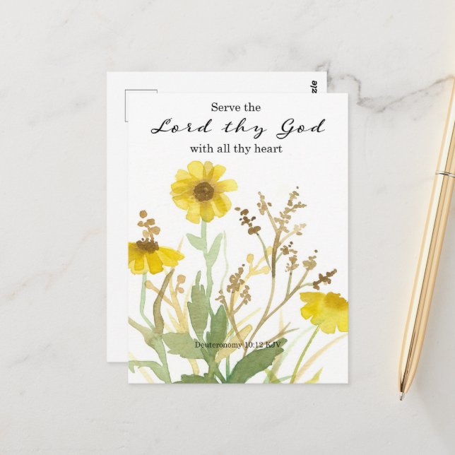 Carte Postale Bible Deutéronome Écriture Jaune Fleur sauvage (Devant/Arrière en situation)