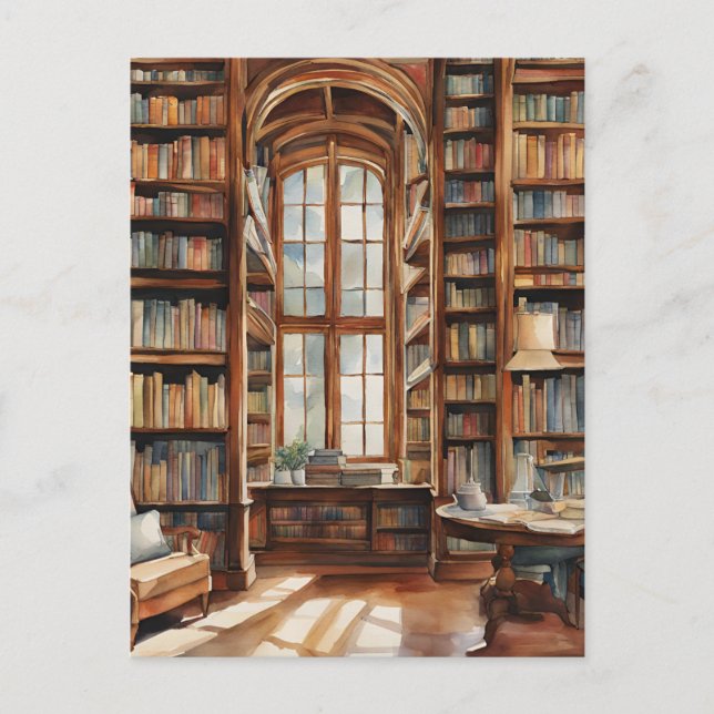 Carte Postale Bibliothèque d'aquarelle confortable (Devant)