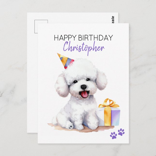 Carte Postale Bichon Frise Chien Personnalisé Joyeux Anniversair (Devant / Derrière)