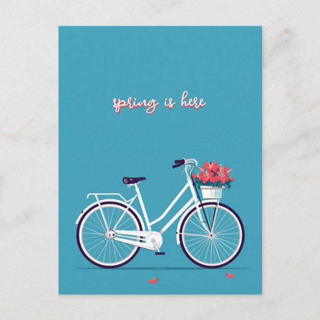Carte Postale Bicycle blanc Fleurs roses Arrière - plan bleu (Devant)