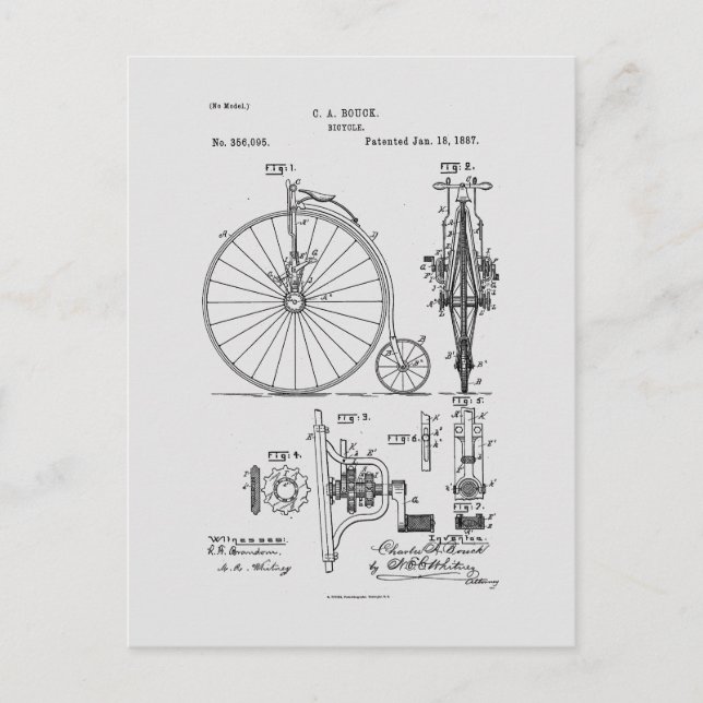 Carte Postale Bicyclette antique 1887 Penny Farthing Brevet (Devant)