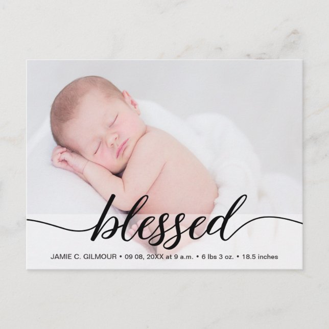 Carte Postale Bienheureux script de faire-part de naissance bébé (Devant)