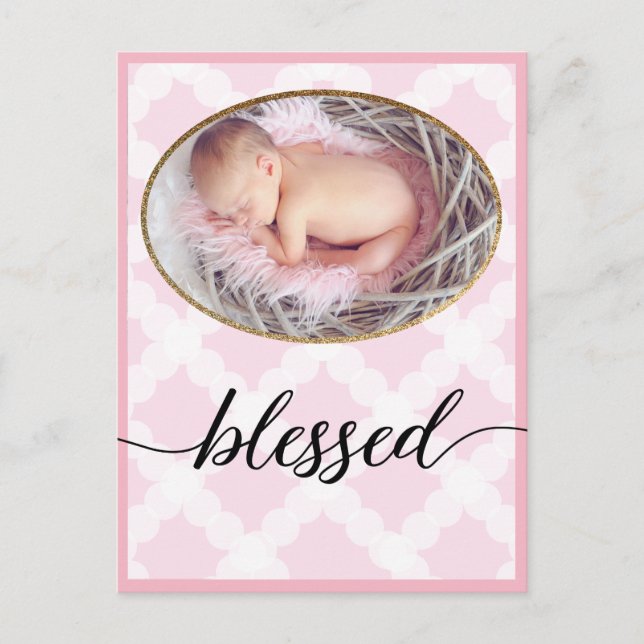 Carte Postale Bienheureux Script rose Nouveau-né bébé fille phot (Devant)