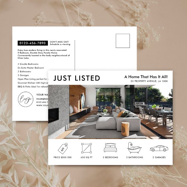 Carte Postale Biens juste cotés Moderne Immobilier Marketing (Modern black and white just listed property for sale or rent marketing postcards with photo)