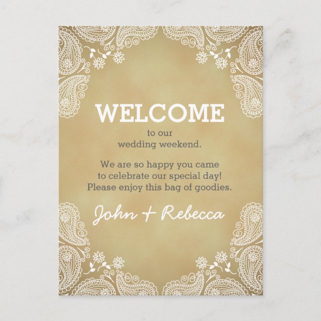 Carte Postale Bienvenue à notre mariage en Paisley rustique (Devant)
