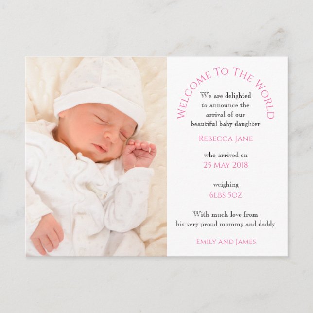 Carte Postale Bienvenue dans le monde Baby Girl Photo Texte Blan (Devant)