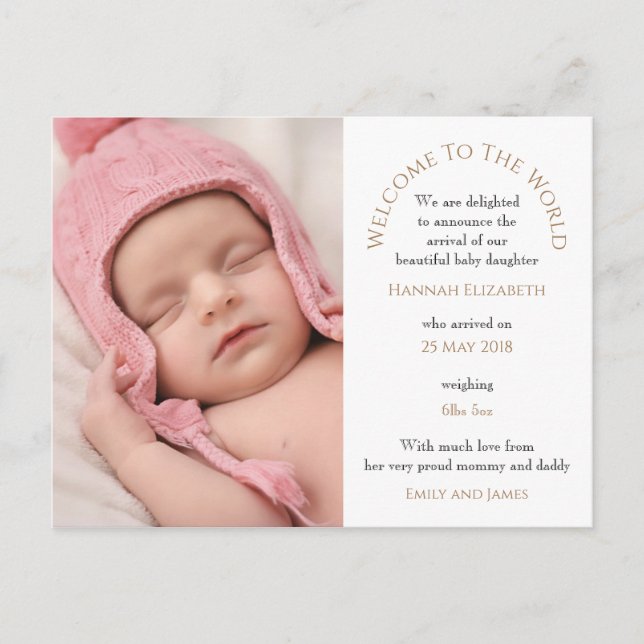 Carte Postale Bienvenue dans le monde Baby Girl Photo Typographi (Devant)