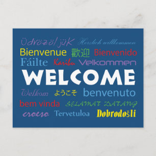 Carte Postale Bienvenue dans plusieurs langues Bleu Blanc