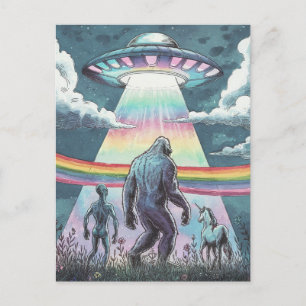 Carte Postale Bigfoot, Alien et Unicorne avec un ovni