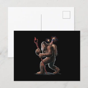 Carte Postale Bigfoot Feux d'artifice 4 juillet Drapeau Usa Sasq