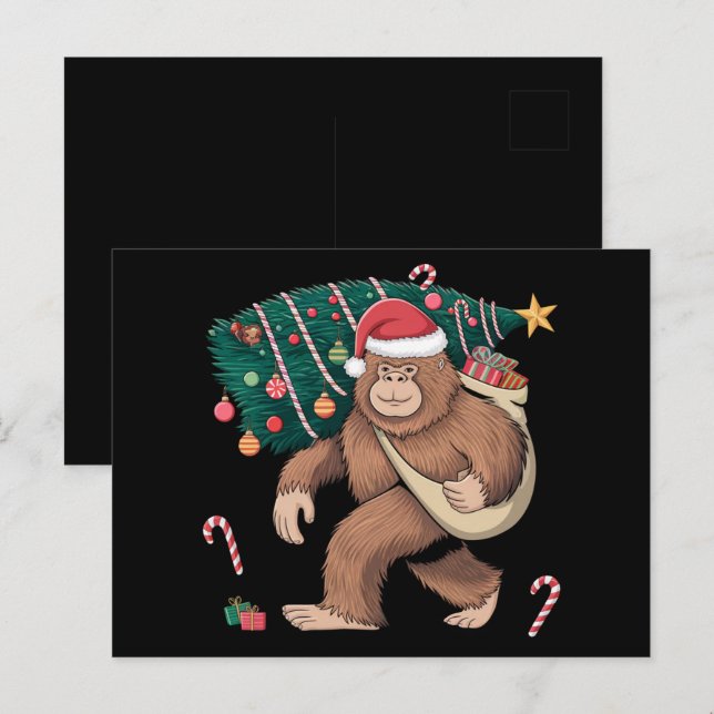 Carte Postale Bigfoot Noël Arbre Lumières Noël Sasquatatch Amour (Devant / Derrière)