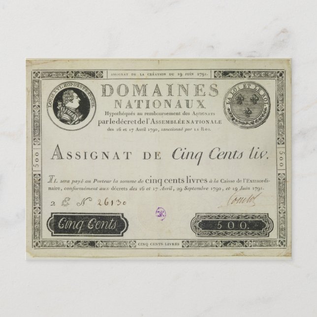 Carte Postale billet de cinq cent livres, 19 juin 1791 (Devant)