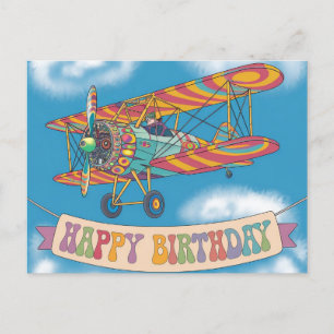 Carte Postale Biplan volant au-dessus d'une bannière joyeux anni