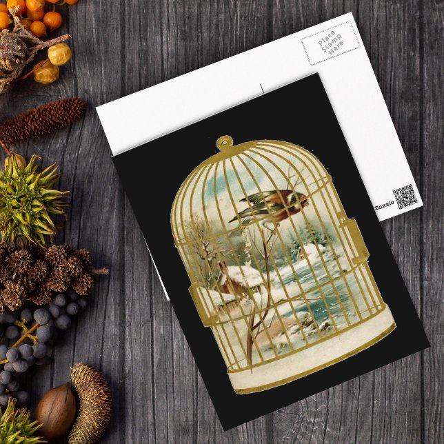 Carte postale Birdcage de la scène d'hiver (Bird in Winter snow scene by cabin inside a golden bird cage on a black postcard.)