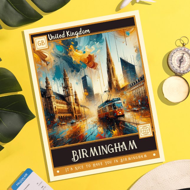 Carte Postale Birmingham, Royaume-Uni | Peinture Vintage (Créateur téléchargé)