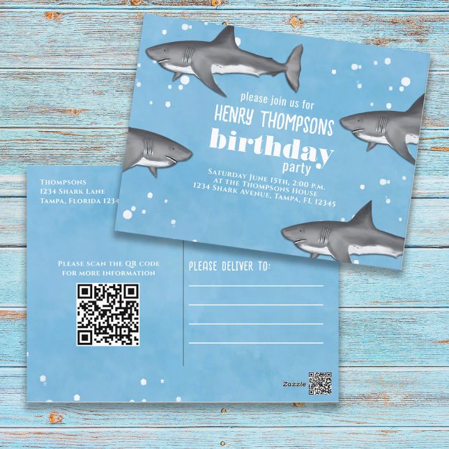 Carte Postale Birthday Fun Whimsical Sharks Ocean QR Code (Créateur téléchargé)