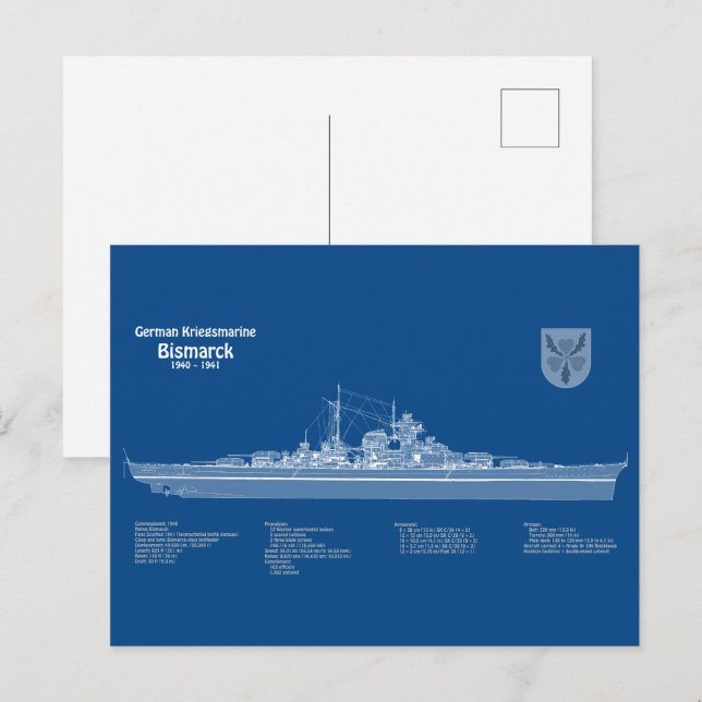 Carte Postale Bismarck - Plan directeur du navire de bataille AB (Devant / Derrière)