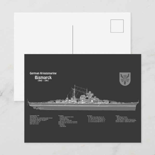 Carte Postale Bismarck - Plan directeur du navire de guerre PD (Devant / Derrière)