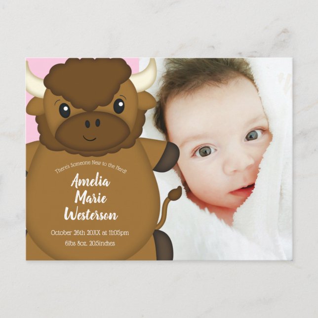 Carte Postale Bison Buffalo Fête de Naissance Bébé Rose (Devant)