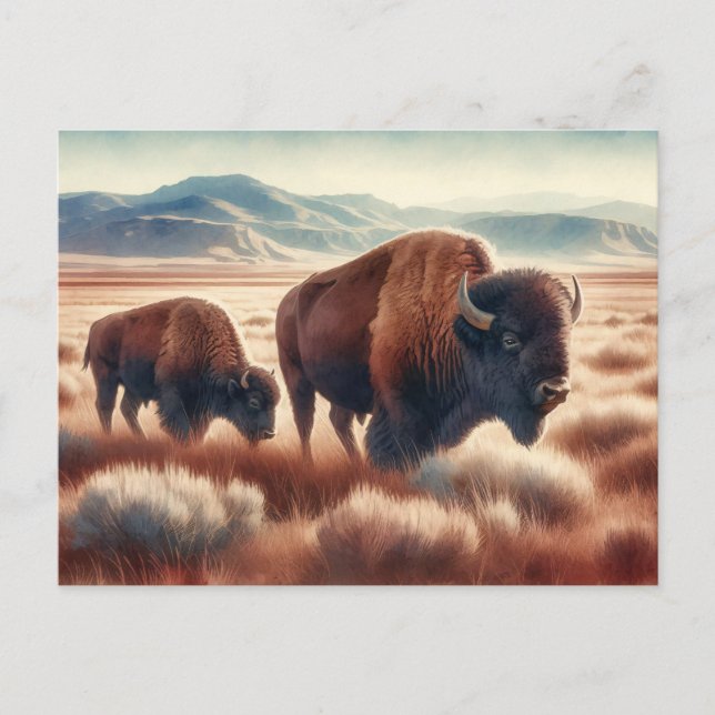 Carte Postale Bison d'aquarelle sur les plaines (Devant)