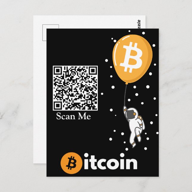 Carte Postale Bitcoin Astronaut à la lune - Btc Qr code Crypto (Devant / Derrière)